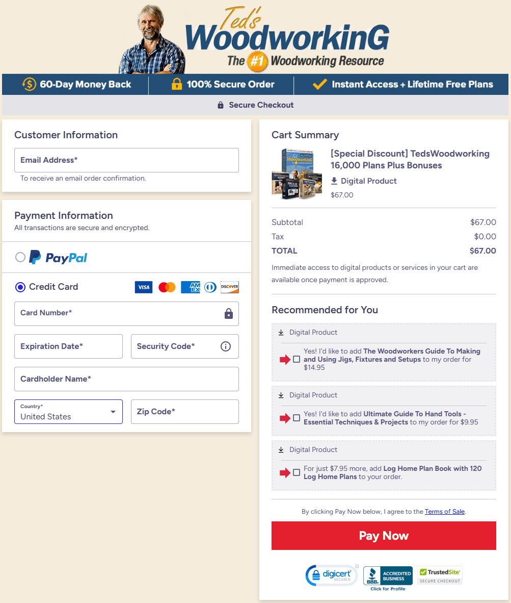 Teds Woodworking secure checkout page